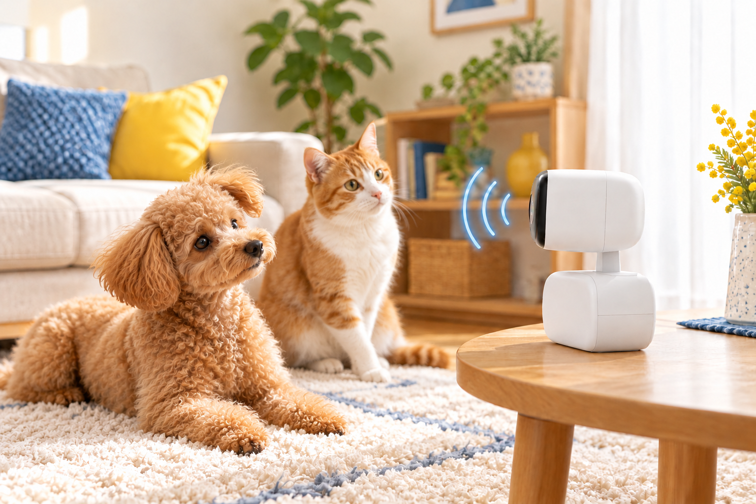 人のいない部屋でカメラから届く声に耳を傾ける犬と猫