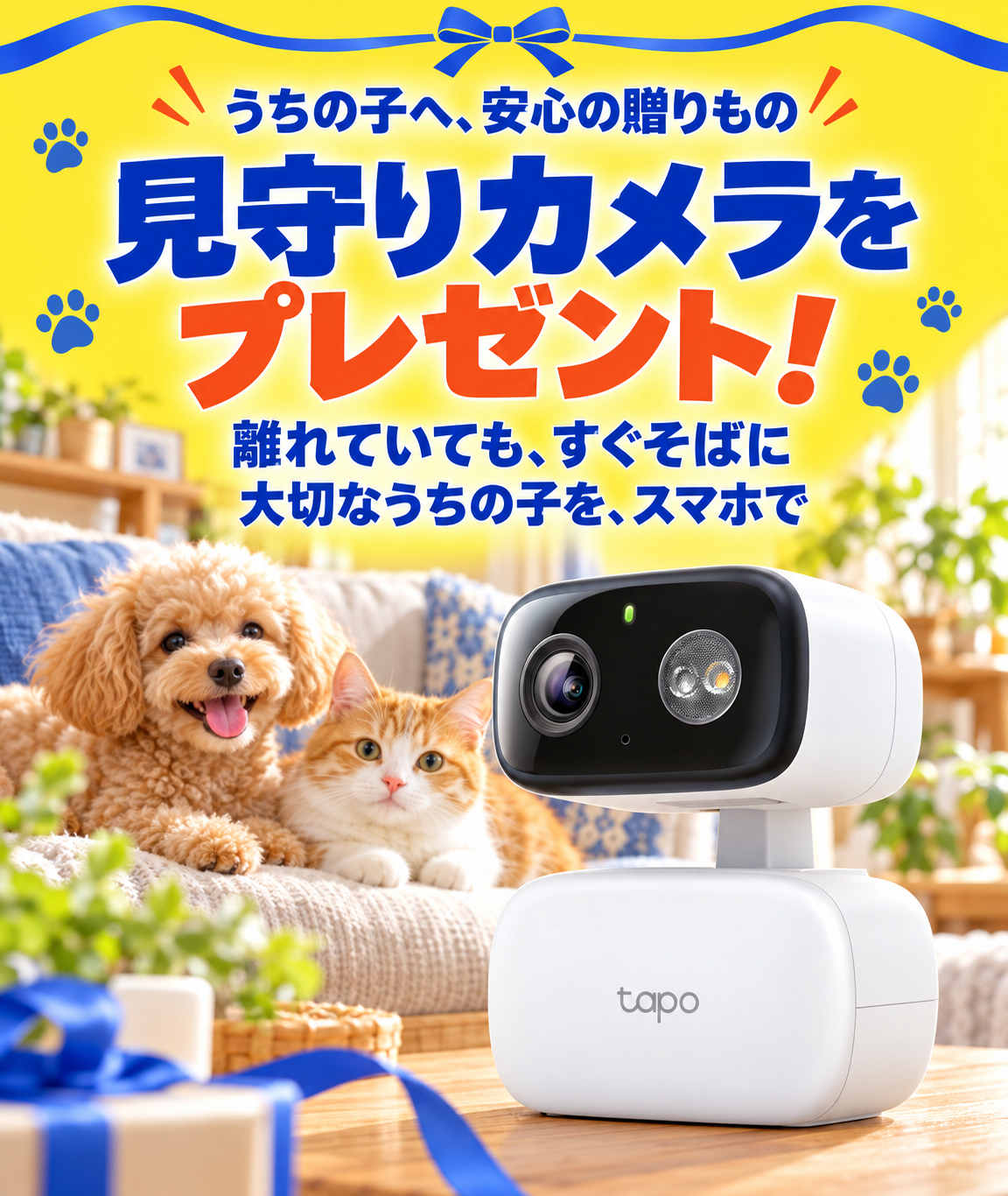 離れていても、すぐそばに 大切なうちの子を、スマホで 犬と猫とプレゼント対象の見守りカメラ