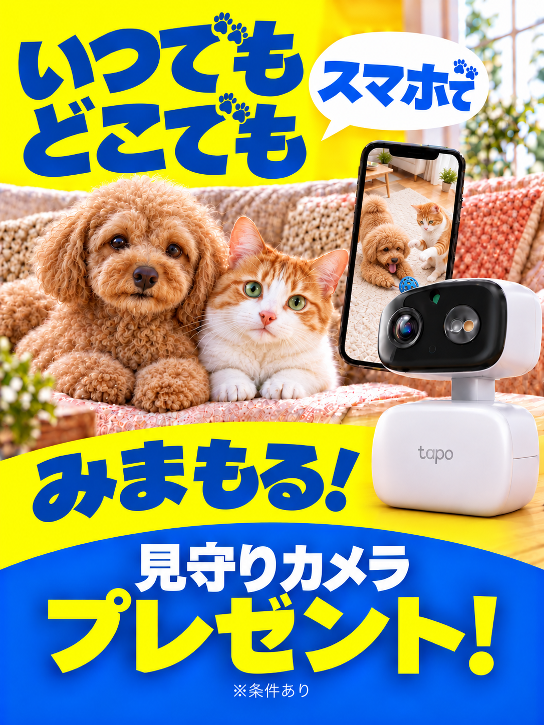 いつでも どこでも みまもる スマホで 見守りカメラ プレゼント！ 犬と猫と見守りカメラ ペットが映るスマホ ※条件あり