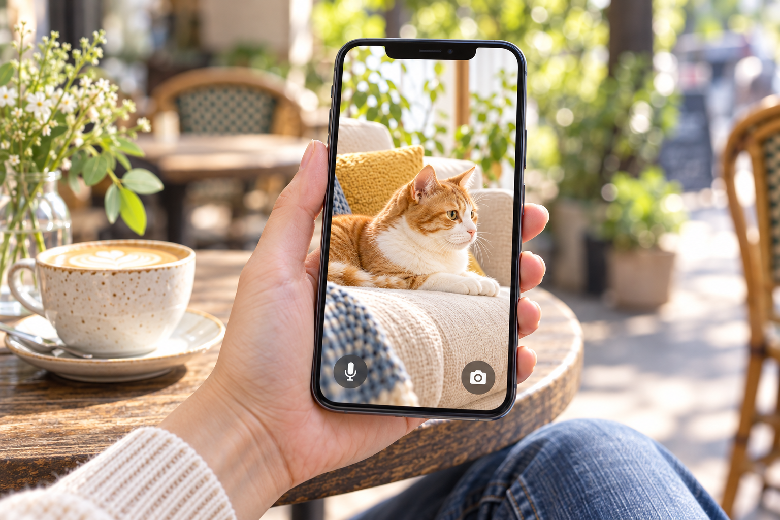 外出先のカフェでスマホを持ち、自宅のソファでくつろぐ猫を見守る